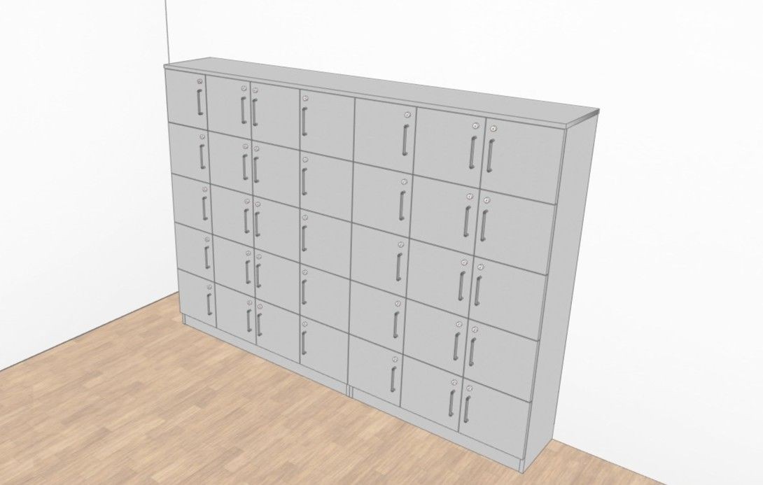 Gray metal lockers with handles arranged in rows against a white wall on a wooden floor.