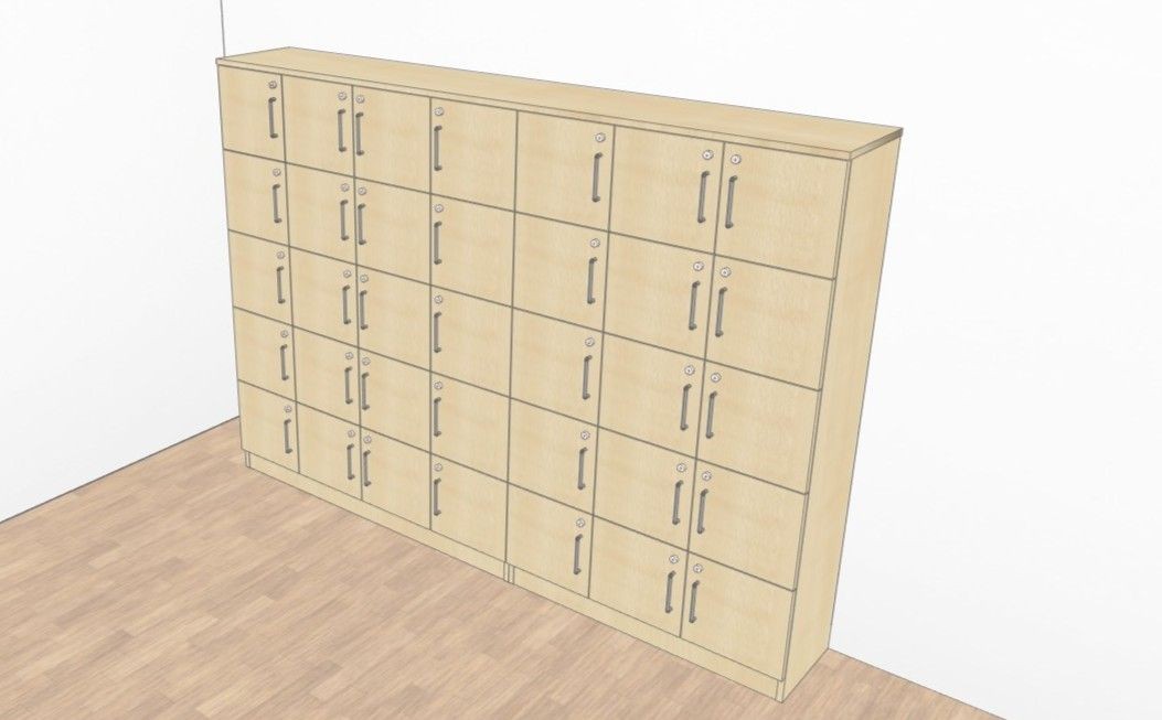 Wooden multi-compartment locker unit against a wall with multiple doors and handles.