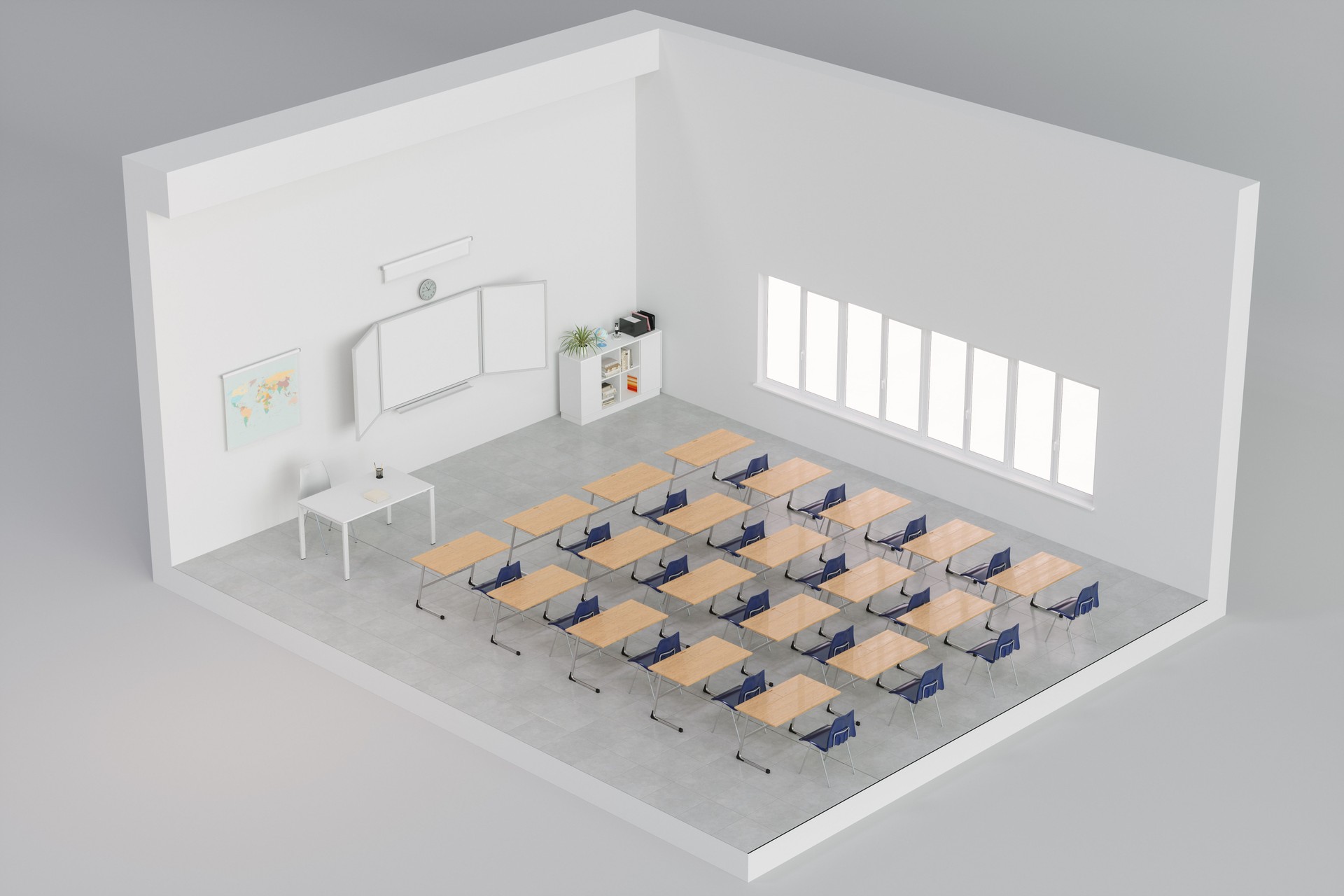 3d Model Isometric Classroom With Table, Chairs And Wooden Desks On Gray Background
