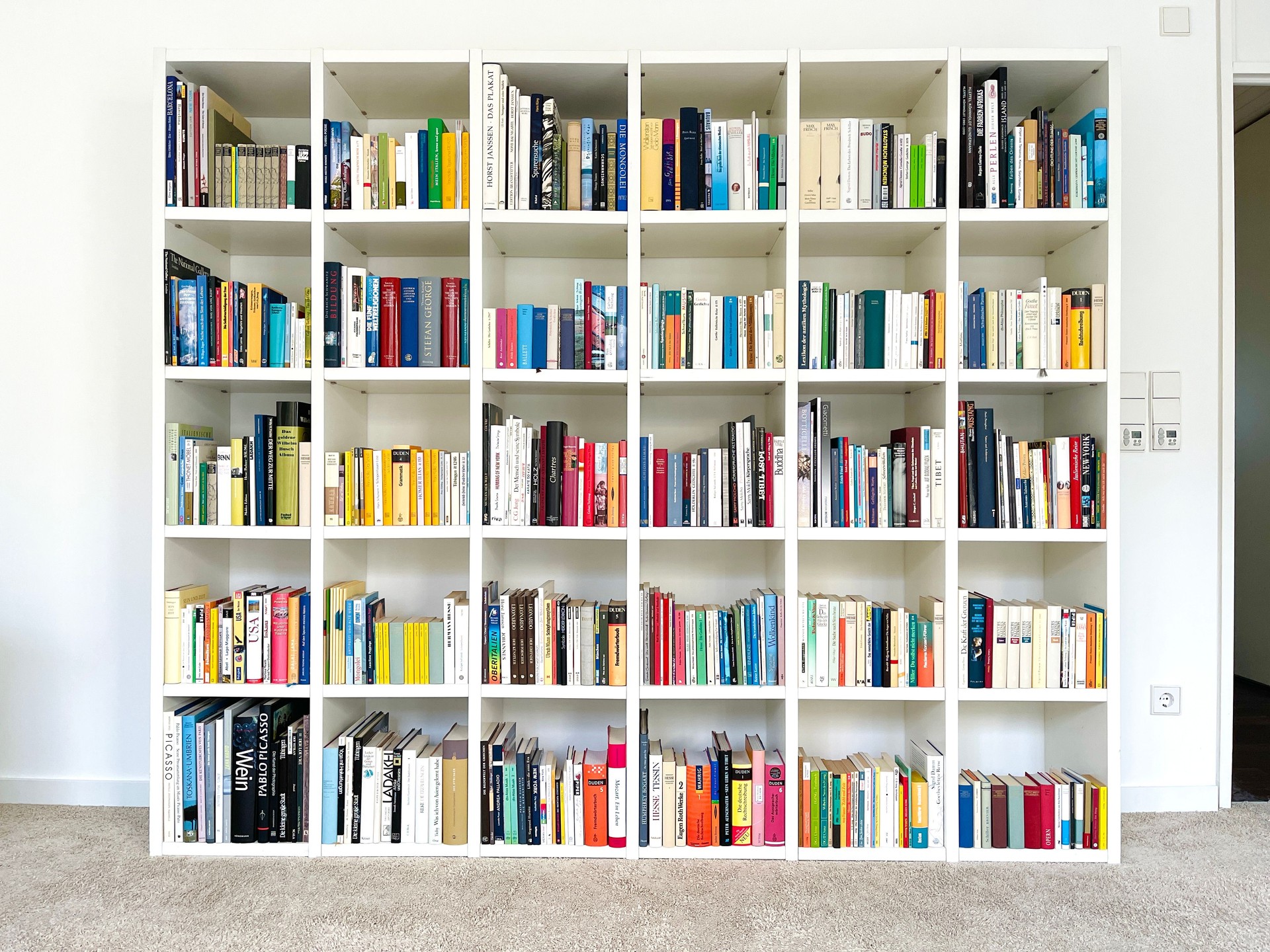 Full bookshelf, 30 square compartments,  white wood