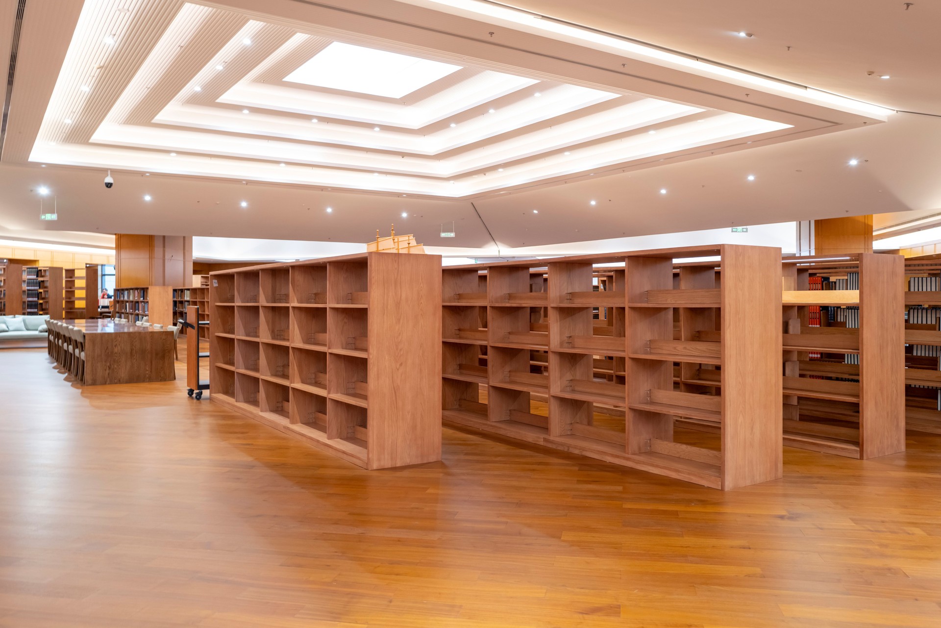 The aisle of neatly arranged bookshelves in modern three-dimensional libraries